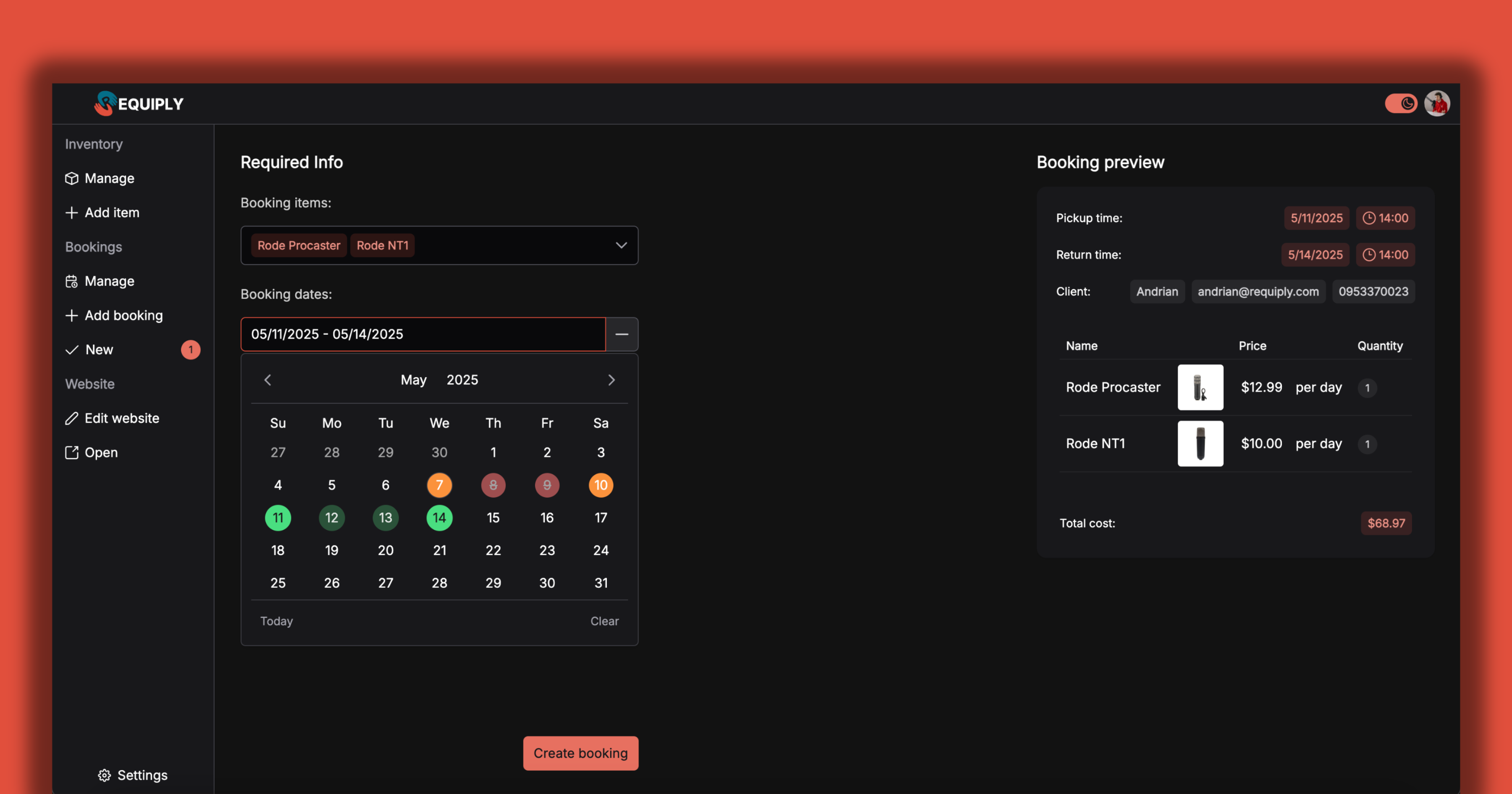 Requiply Software - Requiply's internal CRM interface showing the booking process with real-time inventory management and customer information