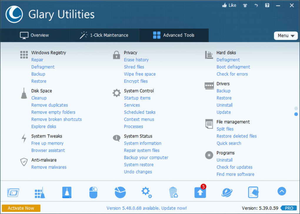 Glary Utilities advanced tools dashboard