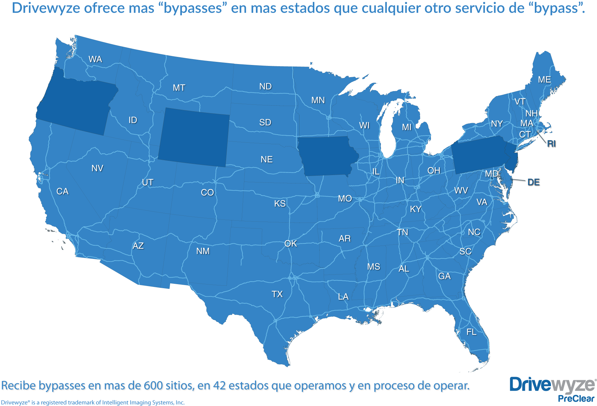 Drivewyze screenshot: Receive bypasses at over 700 sites, in 44 operational and in-progress states and provinces. The largest bypass network in the USA.