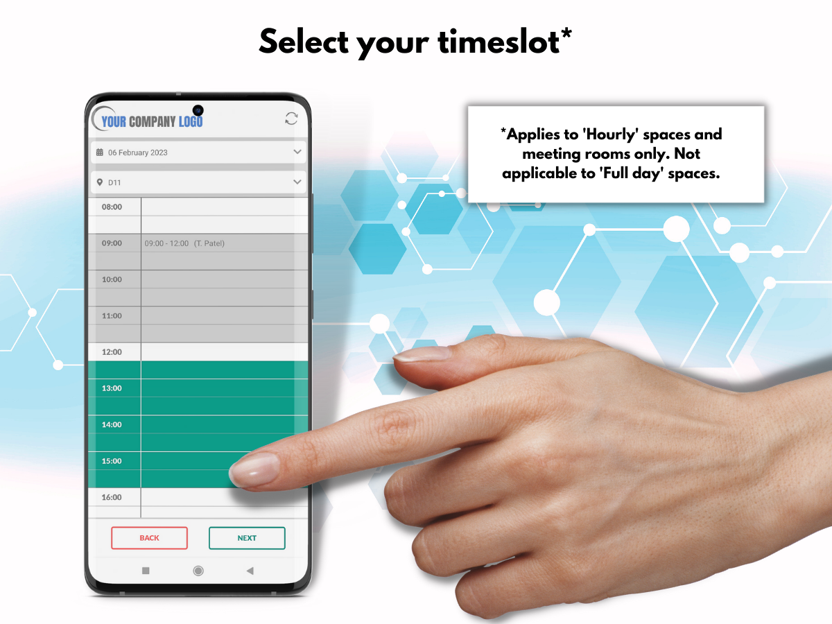 Select a timeslot for your desk, parking space and meeting