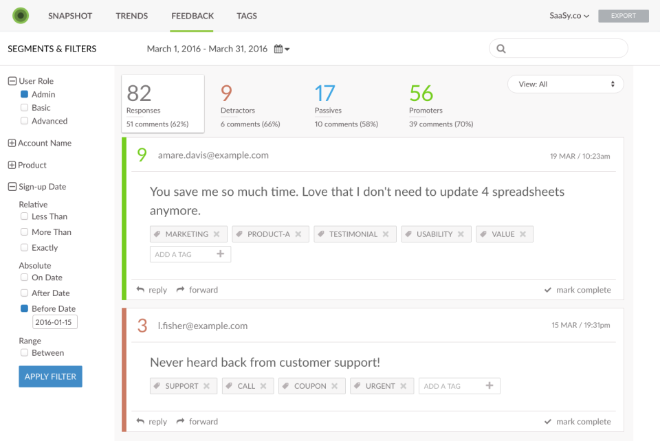 Wootric screenshot: Wootric feedback