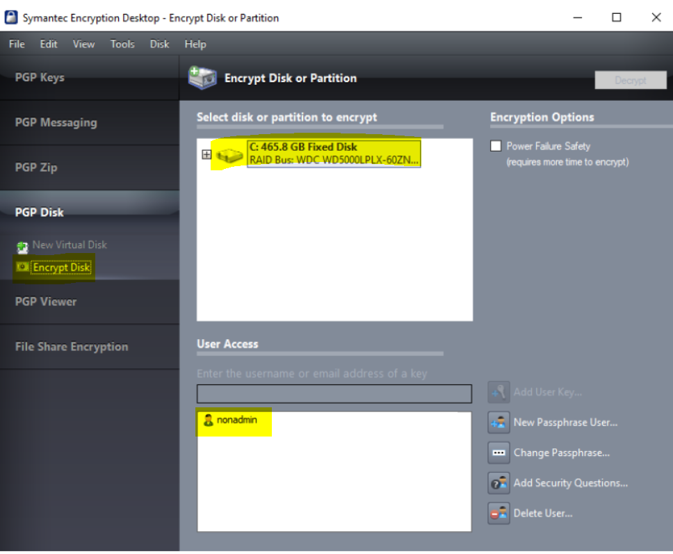 Symantec Encryption screenshot: Symantec disk encryption