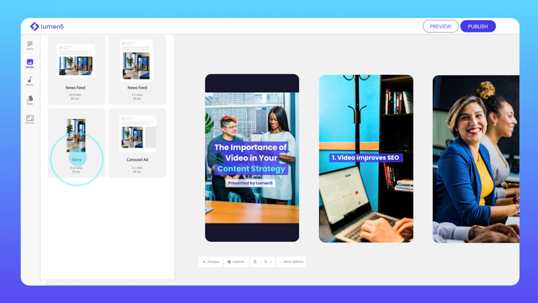Lumen5 video creation platform with AI-powered content transformation.