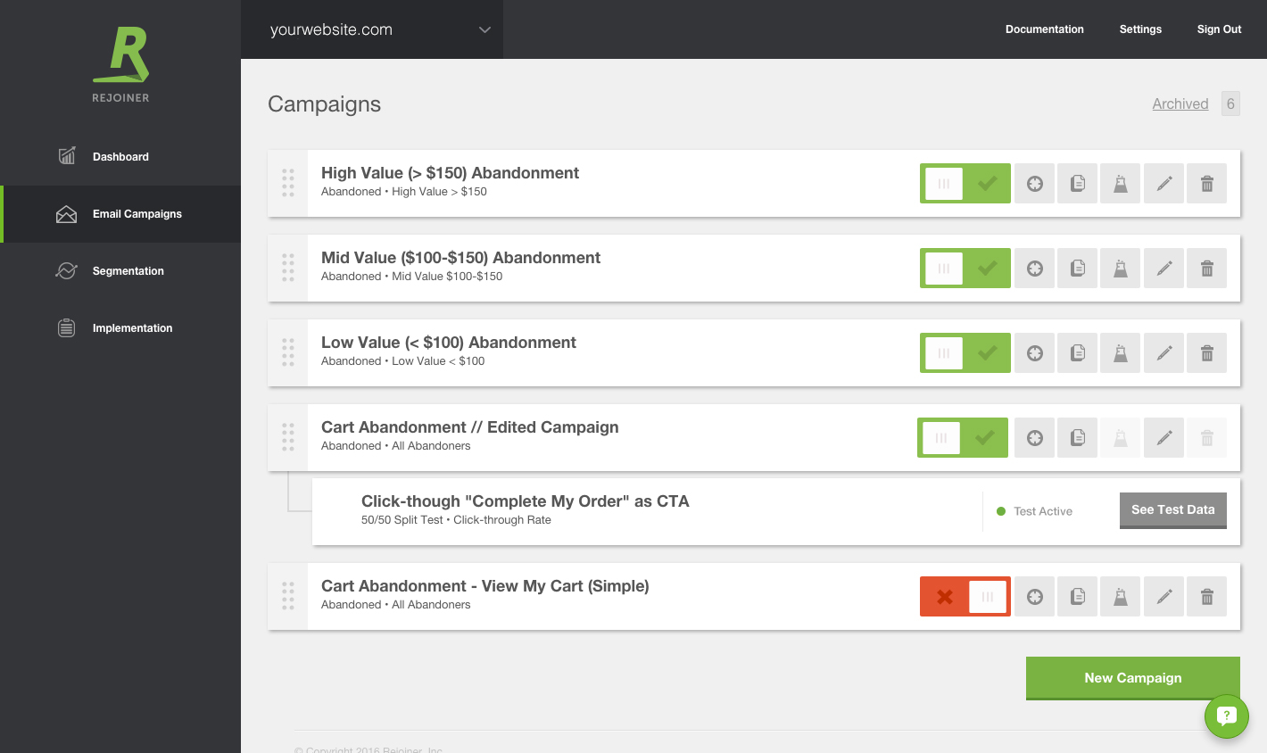 Rejoiner's email campaign view. Build cart abandonment, win-back, welcome series, VIP campaigns and more using the campaign builder.