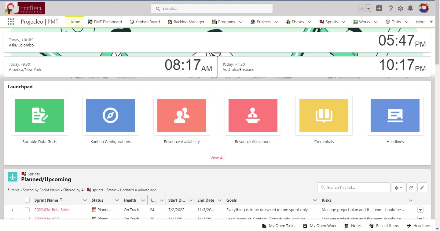 Projecleo screenshot: Homepage: This is the landing page where one comes after logging in.