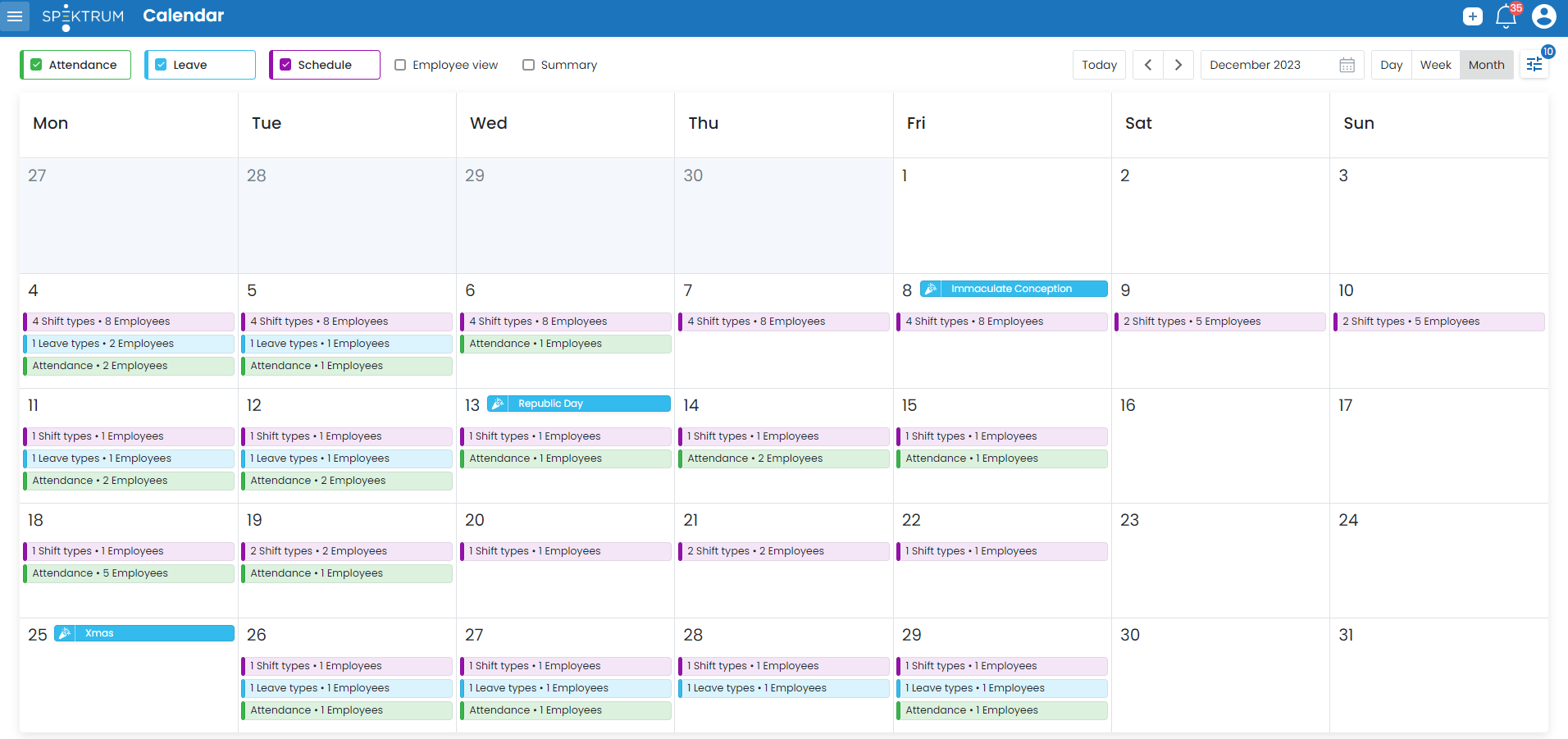Spektrum screenshot: Calendar View - Monthly View