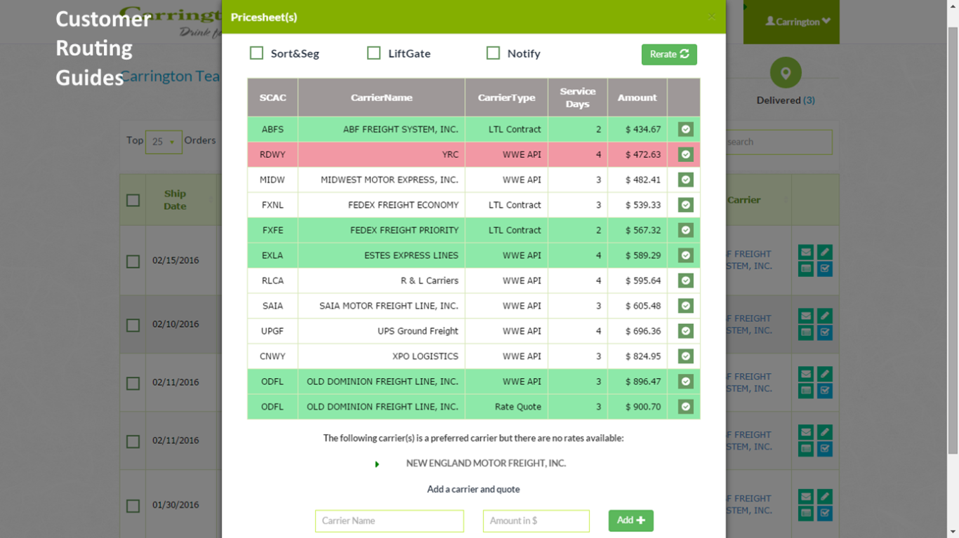 TOTALaccess TMS  manages and routes shipments based on customer's preferred (highlighted in green) or do not use (in red) carriers. No more post-it notes.