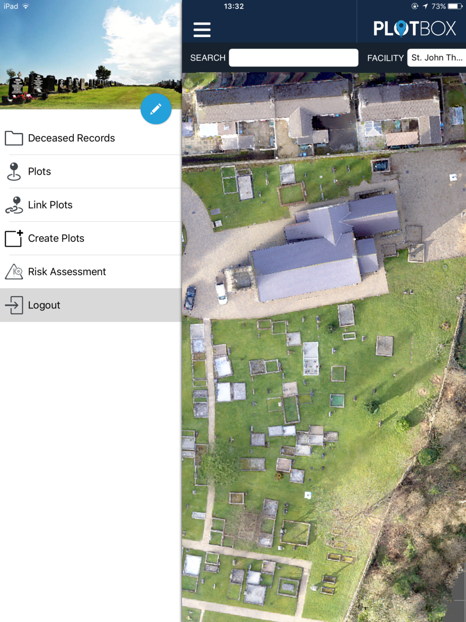 Plotbox Software - PlotBox App shown on iPad, with the option menu open for deceased records and options for creating, linking and viewing plots on the cemetery map