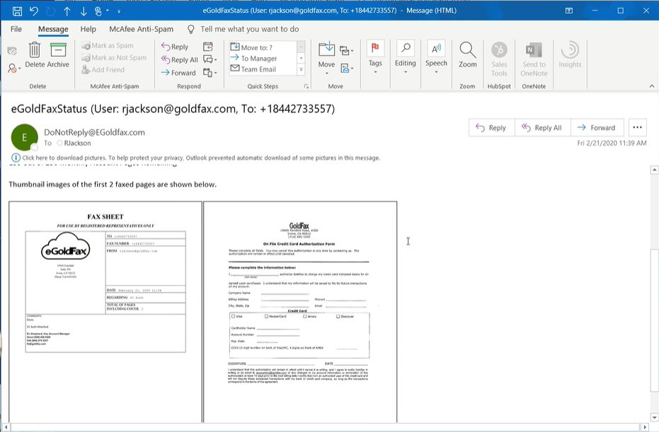 eGoldFax screenshot: eGoldFax emailing fax