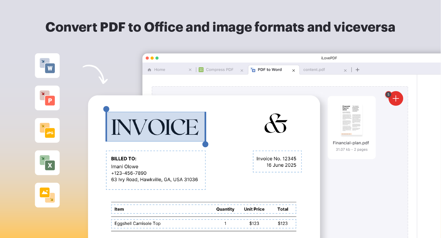 Seamlessly convert Office documents, PDFs, and image files with ease. Whether you need to transform documents for presentations, reports, or sharing projects, our intuitive tools ensure smooth transitions between formats, simplifying your workflow.
