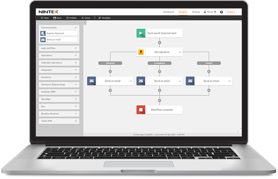 Nintex Workflow Cloud Designer boasts an intuitive drag-and-drop design canvas for describing workflows that span multiple systems