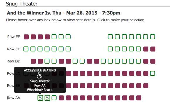 Reserved Seating Section with Accessible Seat Options. Red seats indicate sold seats. Seats can also individually be marked as obstructed view.
