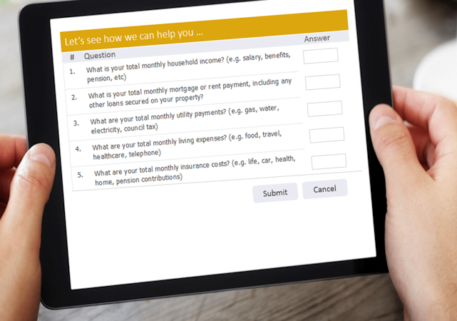 Katabat screenshot: Customer workflows provide a question and answer approach to gathering information and profiling the eligibility of borrowers in terms of income and monthly living expenses
