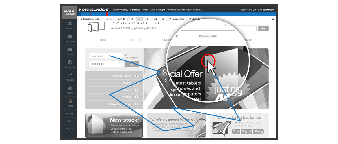 Accurately record and replay every user interaction with your website, including details like mouse movement, scroll, click, form interaction, text highlighting, dynamic menu hover and much more.