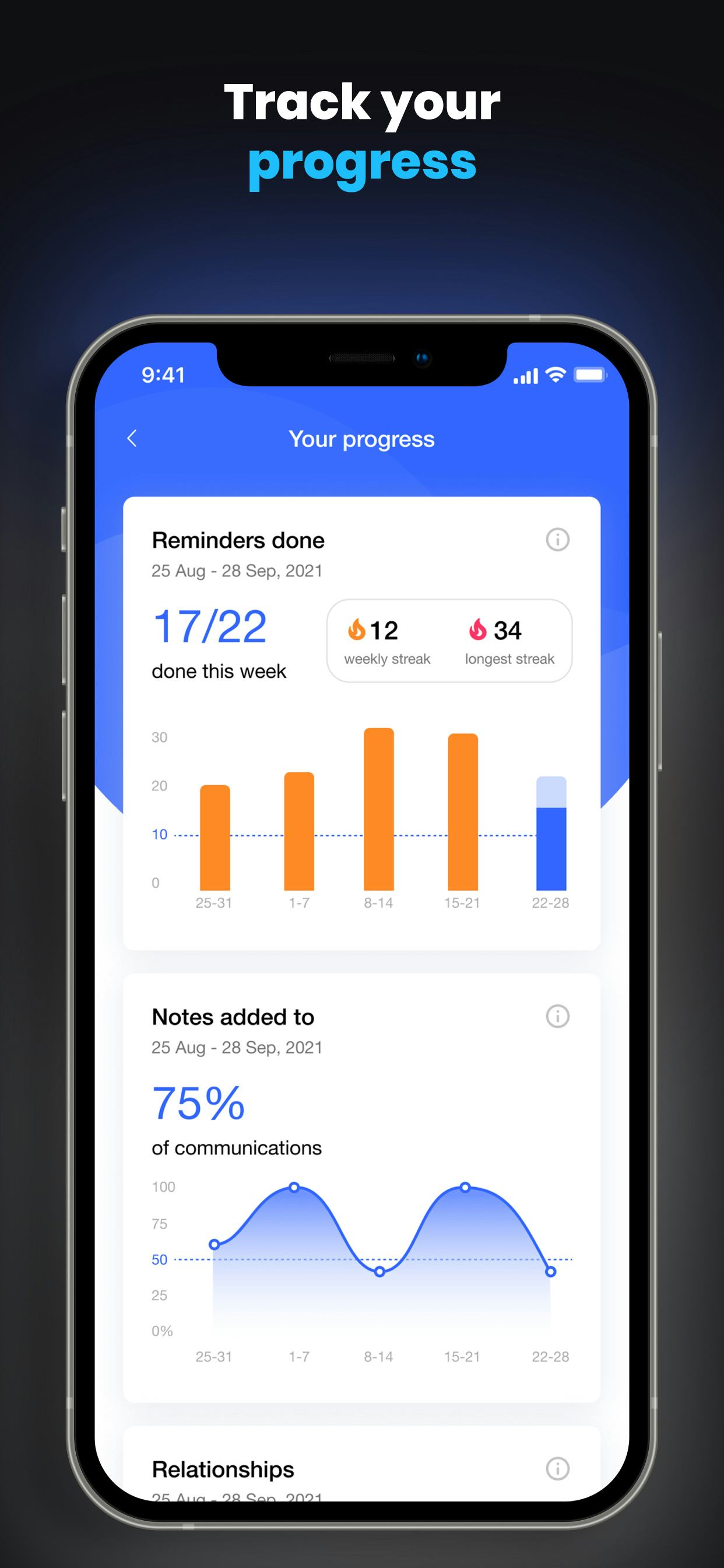 Covve App Software - Make it a habit of staying in touch with your network, with stats and streaks, just like on your exercise app.