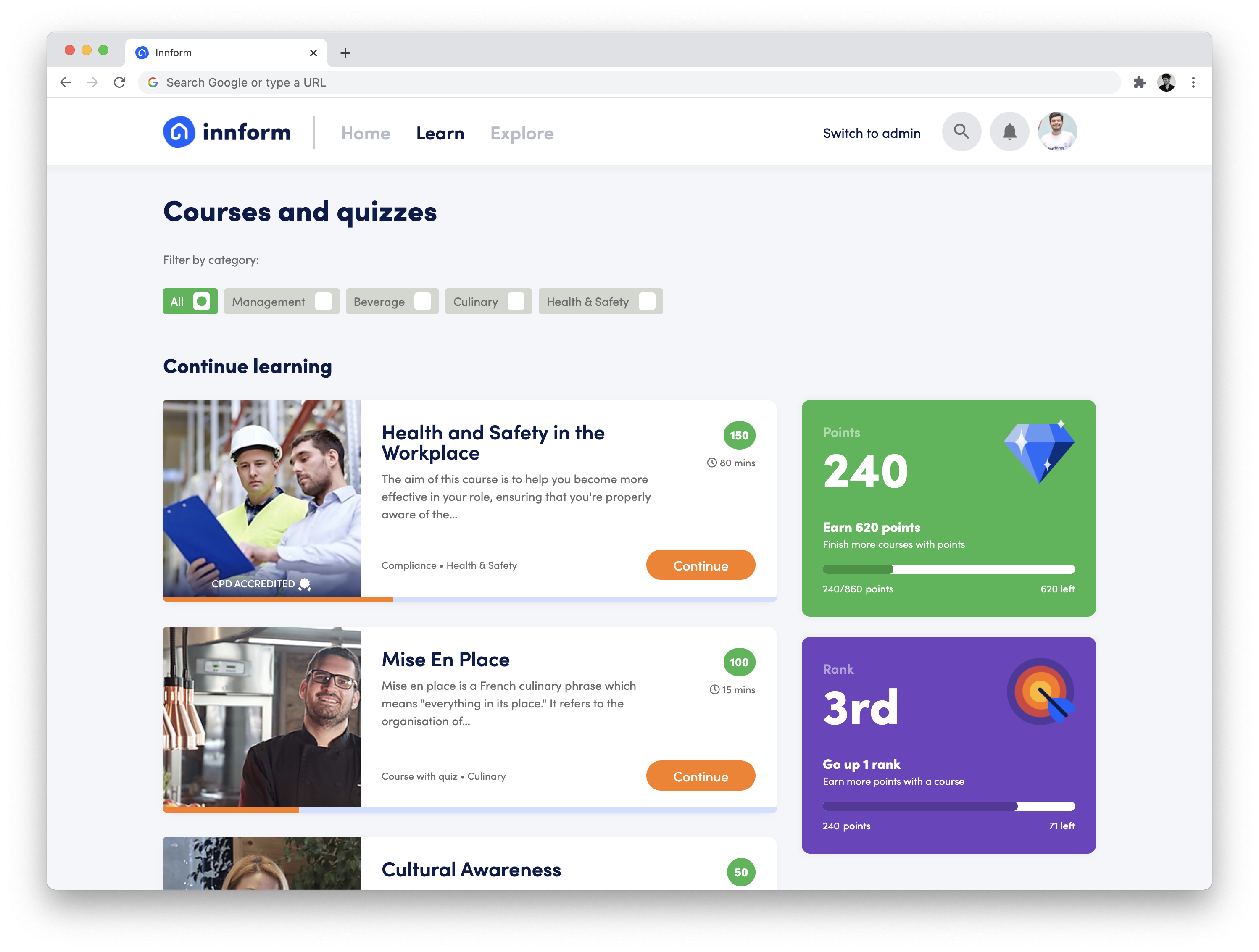 Innform courses and quizzes