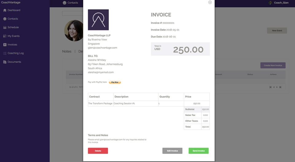 Send branded invoices to clients. Recurring invoices can be set up as well.