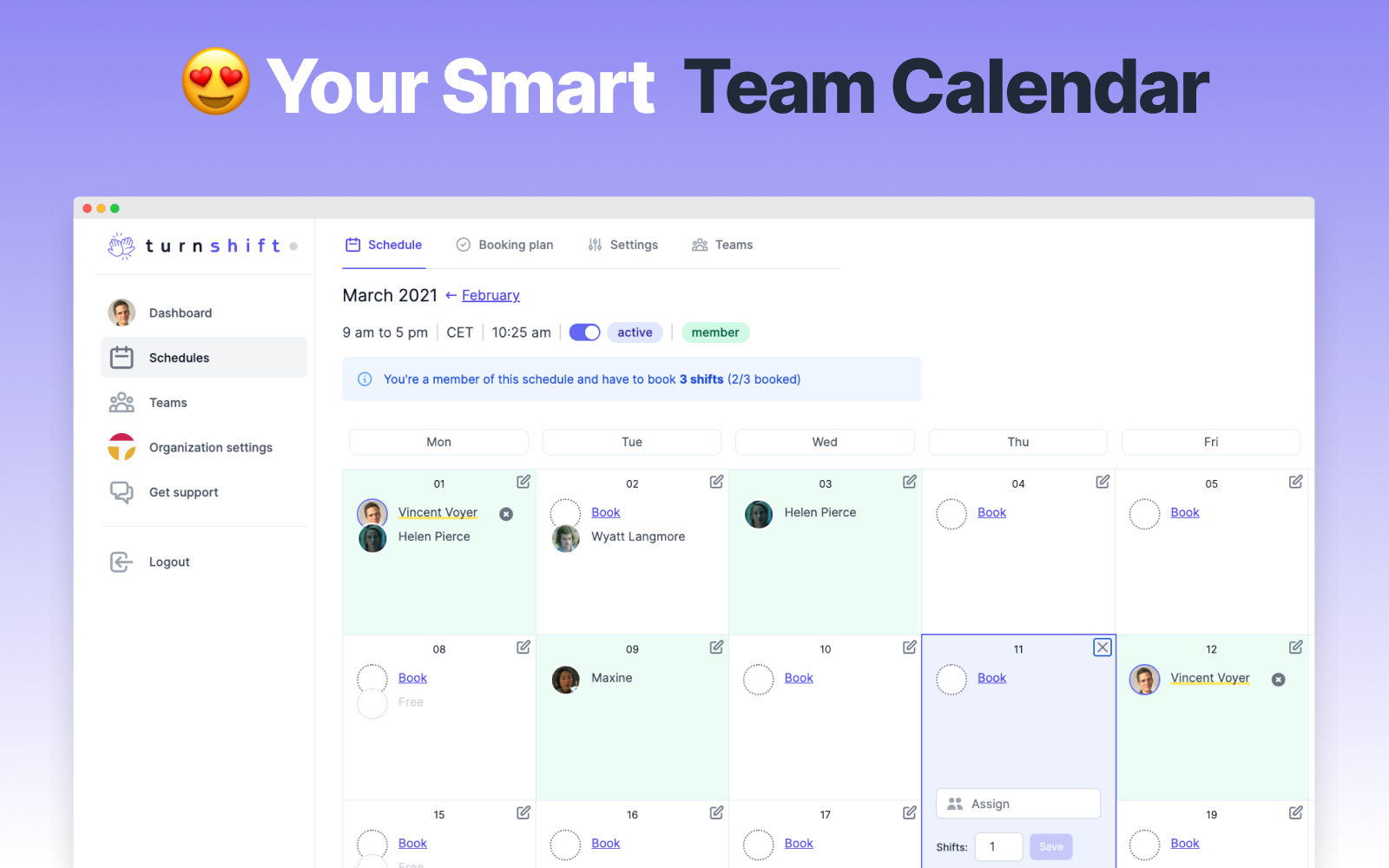 TurnShift screenshot: Access schedules, book shifts and see team calendars in a beautiful UI