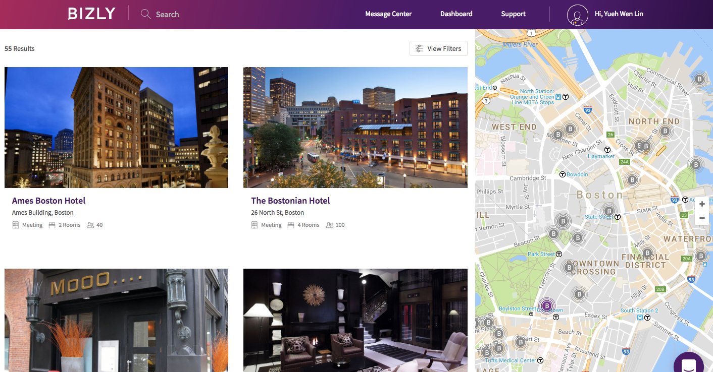 Bizly screenshot: Venue search