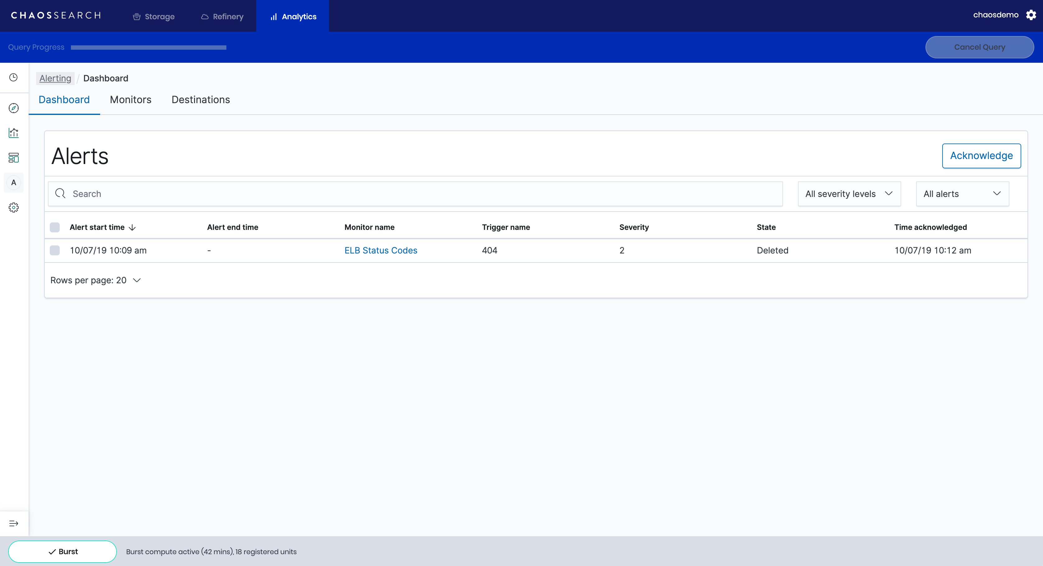 Chaossearch screenshot: CHAOSSEARCH alerts page. Users can create a Monitor, a Trigger, and the specific Destination that alerts should be sent to