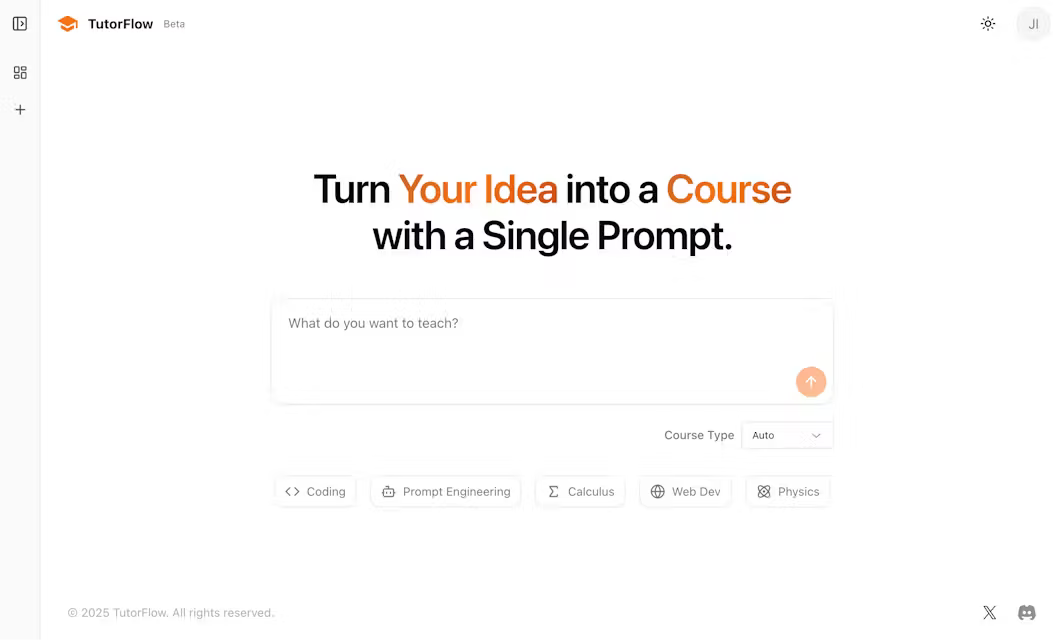 TutorFlow screenshot: TutorFlow prompt-based course generation