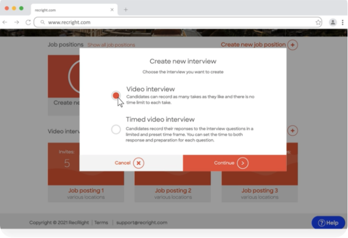 Recright screenshot: Create a job ad and receive applications