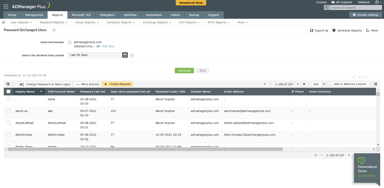 ManageEngine ADManager Plus User account password expiration dashboard