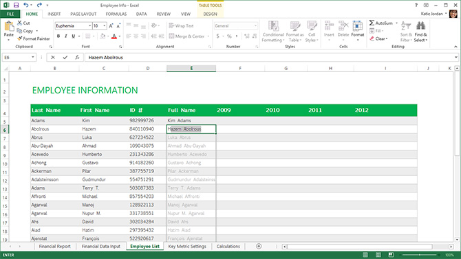 Microsoft Excel data organization