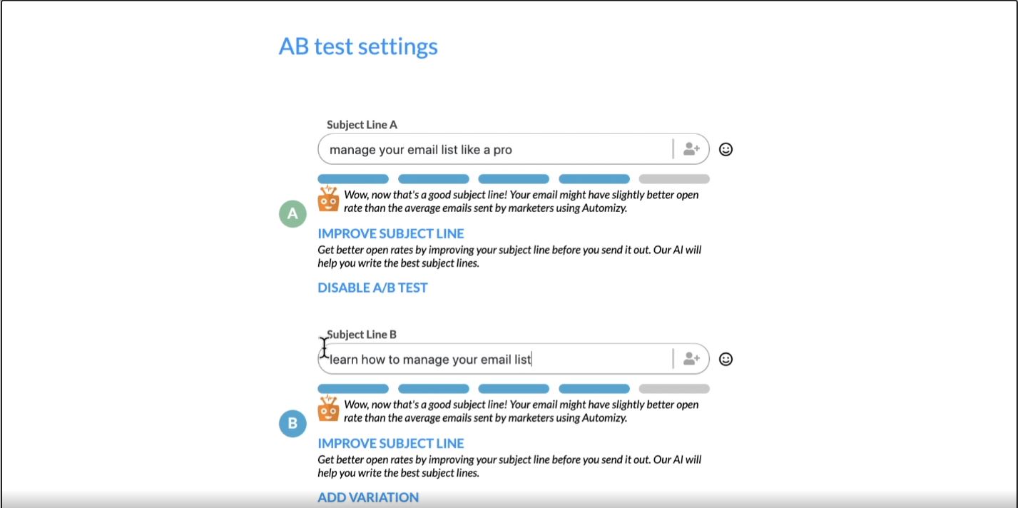Automizy AB test setting