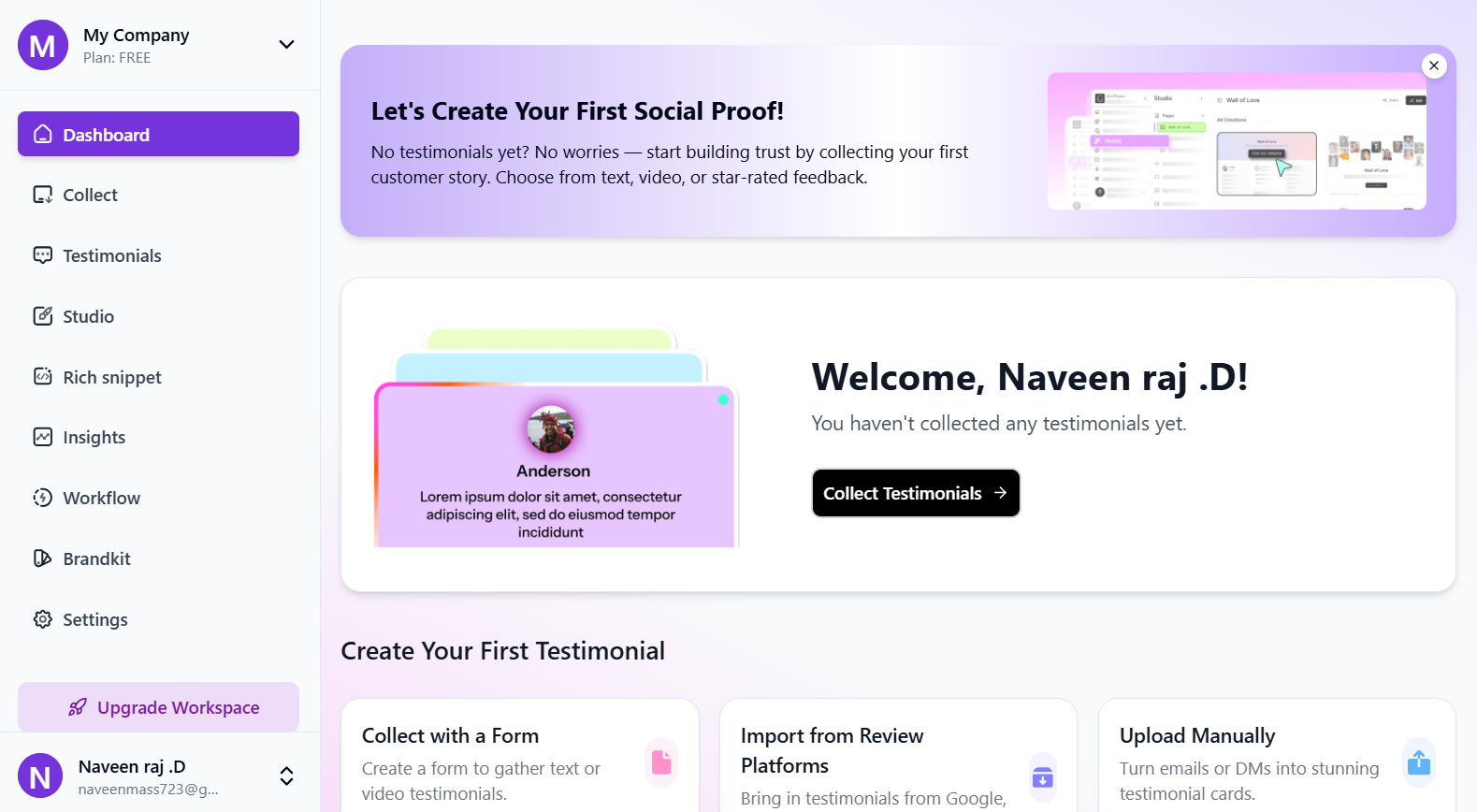 Gridapps screenshot: Gridapps Testimonials dashboard