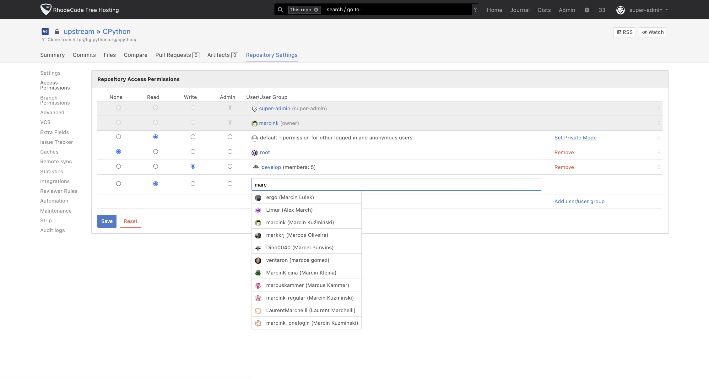 RhodeCode Software - Define and manage default permissions for users, user groups, repositories, and repository groups from the permissions panel.