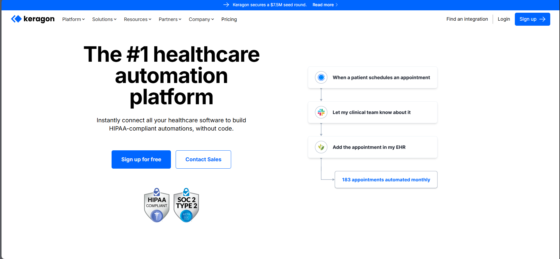 Keragon screenshot: Landing Page of www.keragon.com.