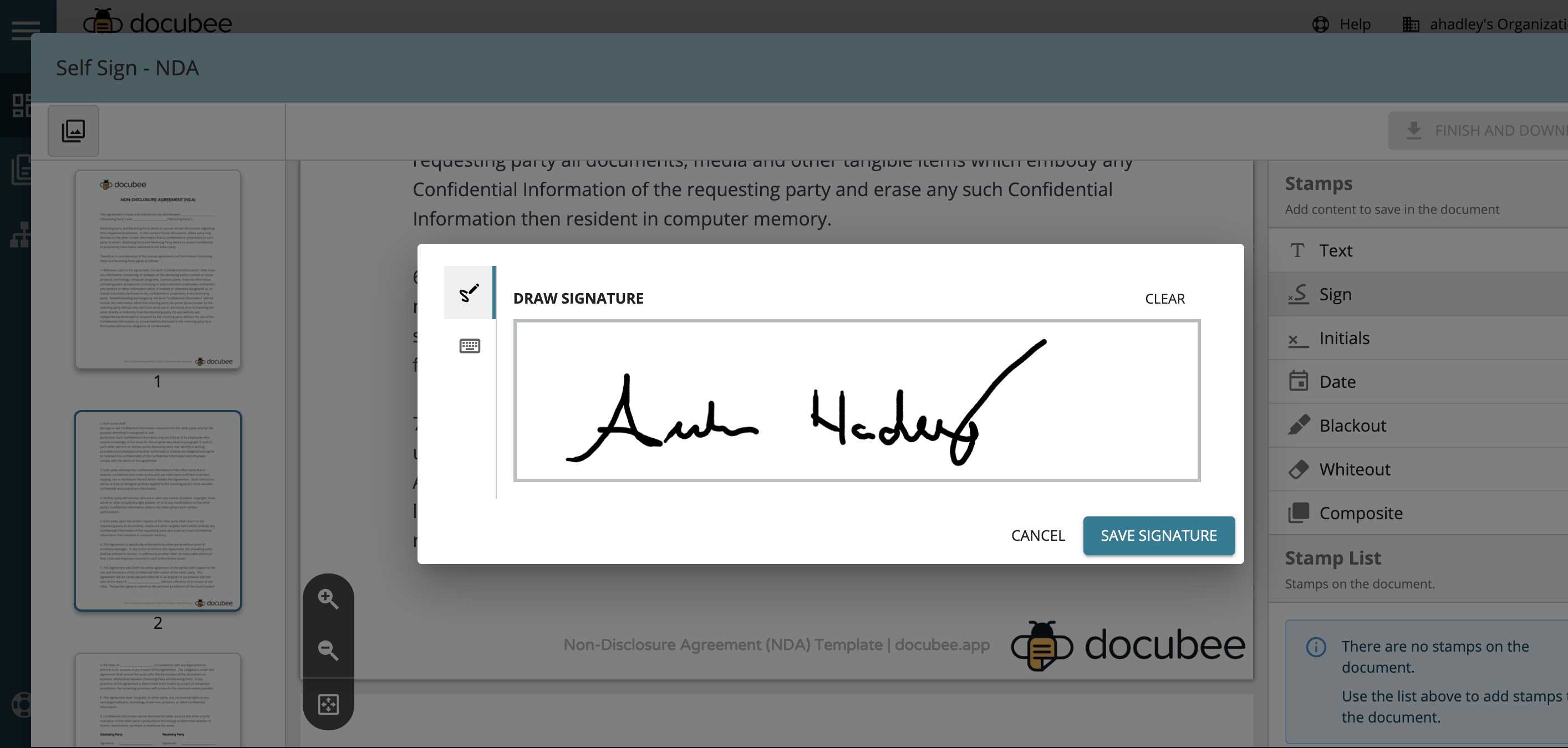 Docubee screenshot: Draw or type legally-binding eSignatures to documents in Docubee from any device.