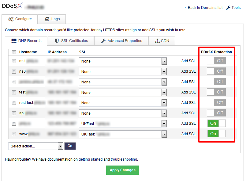 PROsecure configure domains to be protected with DDoSx®.