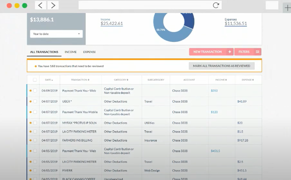 SynkBooks screenshot: SynkBooks all transactions