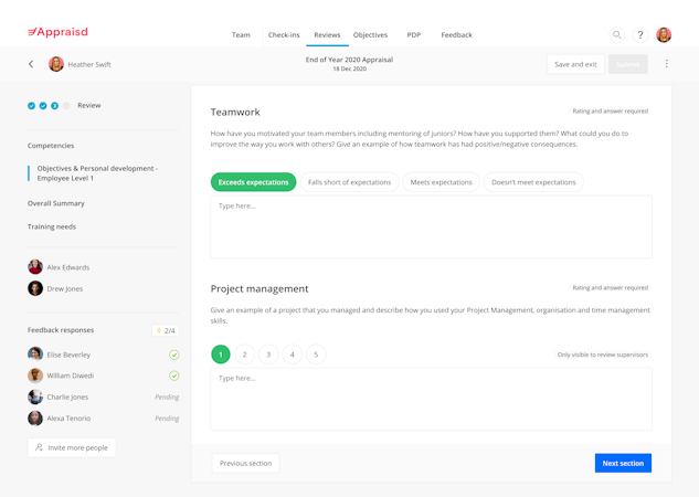 Appraisd screenshot: Get a clear picture of your review with simple actionable information on each area you and your employees are focusing on