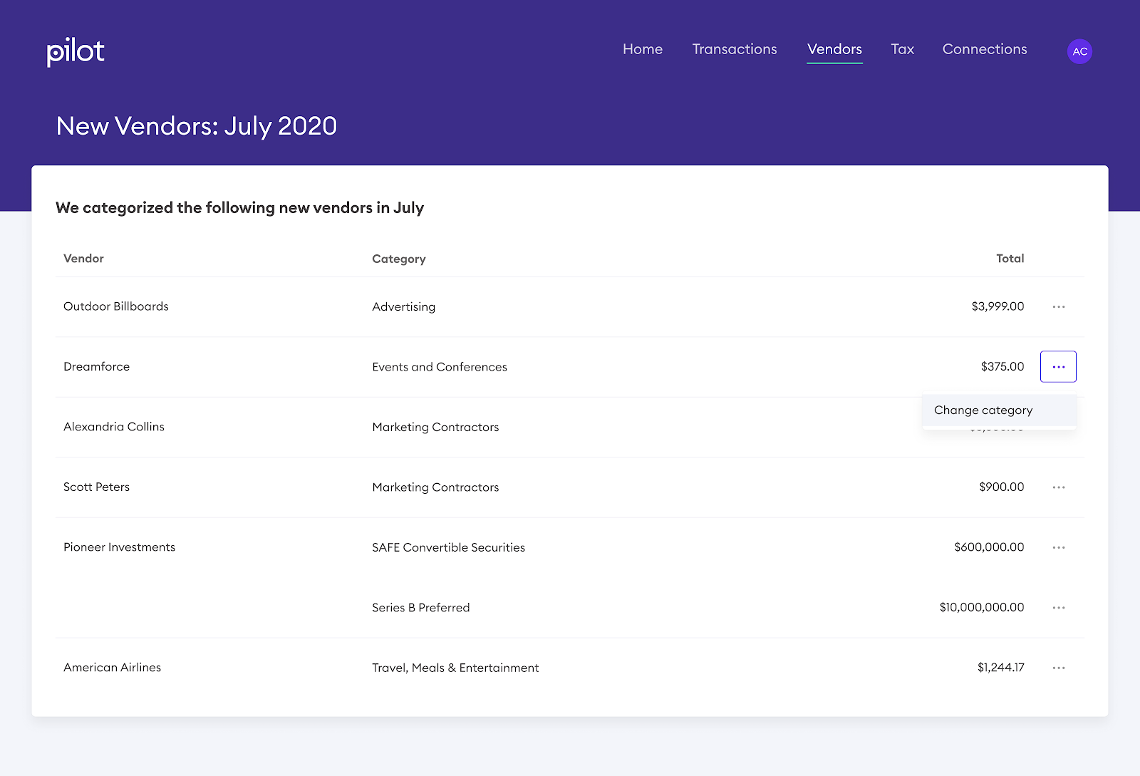 Pilot Software - Pilot Portal: Customers can easily log in to Pilot to review action items needed such as categorizing transactions.
