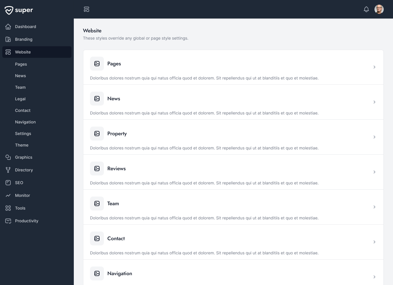 Super Software - Website dashboard showing settings and content types.