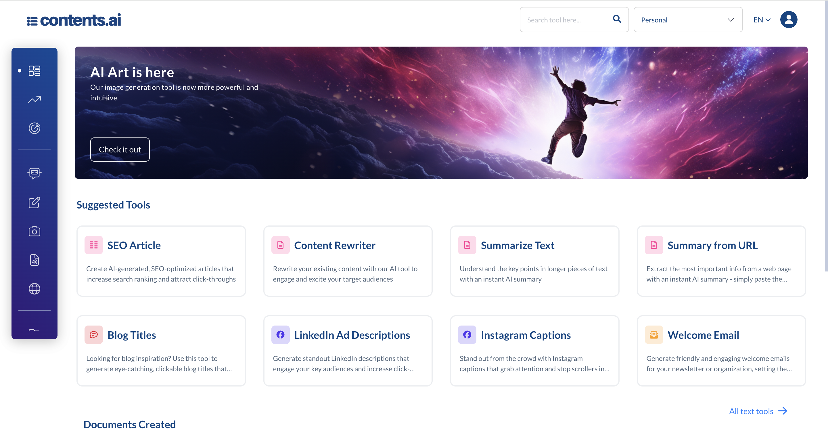 contents.ai screenshot: Contents.ai Dashboard