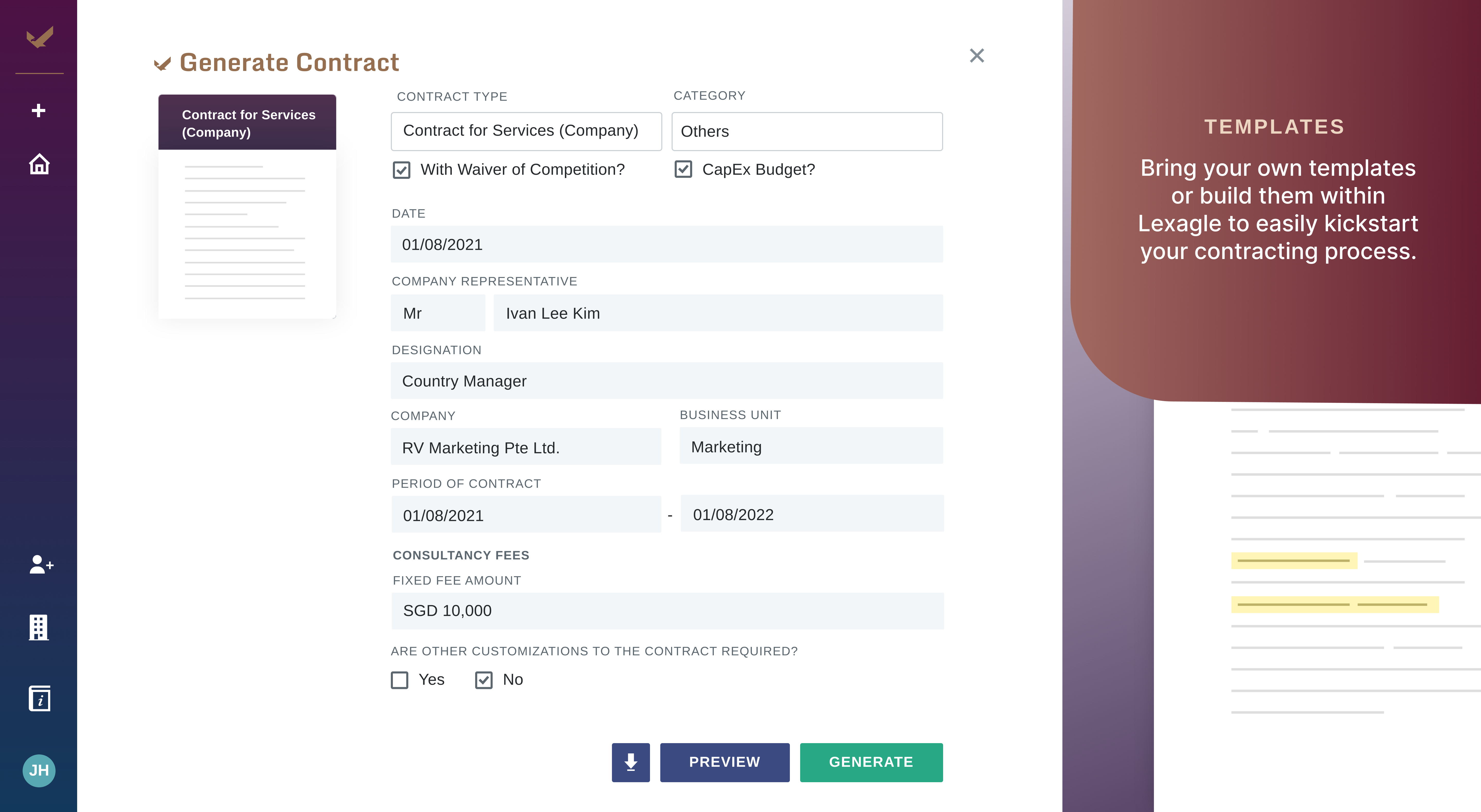 Lexagle screenshot: Lexagle Templates. Bring your own templates or build them within Lexagle to easily kickstart your contracting process.