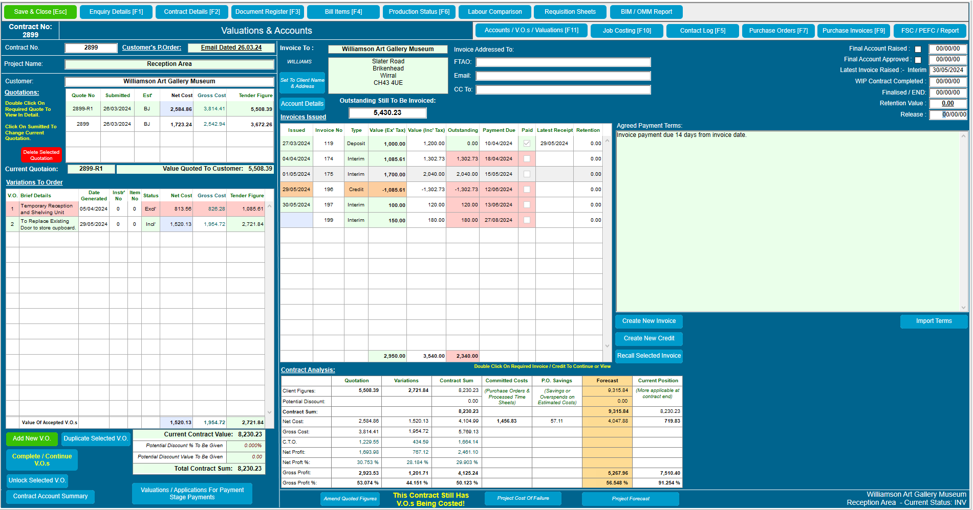 Contract Controller Software - Global Overview

Using the Accounts screen of a contract instantly see a global overview of how a contract is performing. Details of all quotation submitted, listing all variations to the contract and any sales invoices issued.