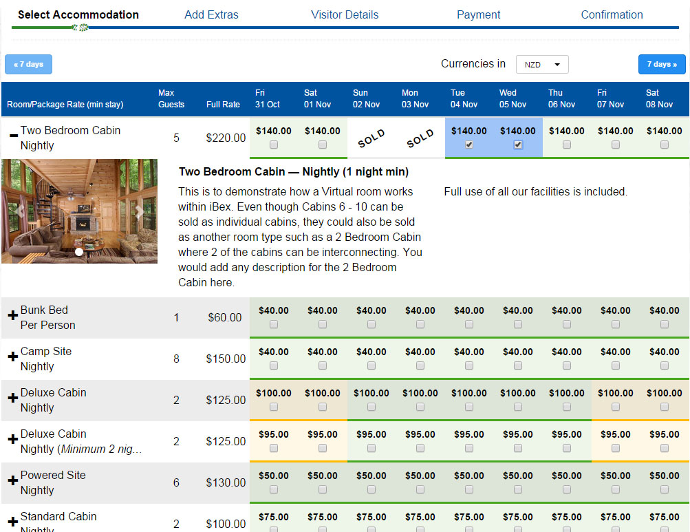iBex PMS Software - Example of how the booking screen appears to the public, showing availability, pricing, maximum number of guests, etc.