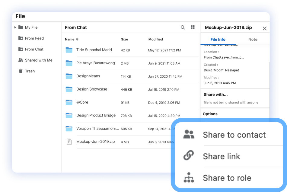 File - Share files through various channels while keeping notes and version history for better collaboration.