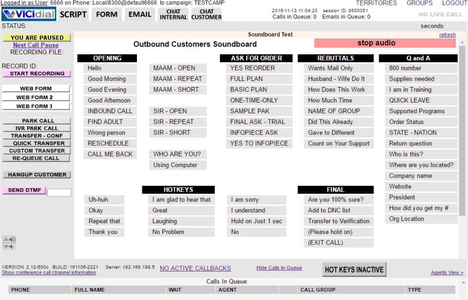 VICIdial Software - Example view of the agent screen showing the Outbound Customers Soundboard, with the ability to hotkey common phrases