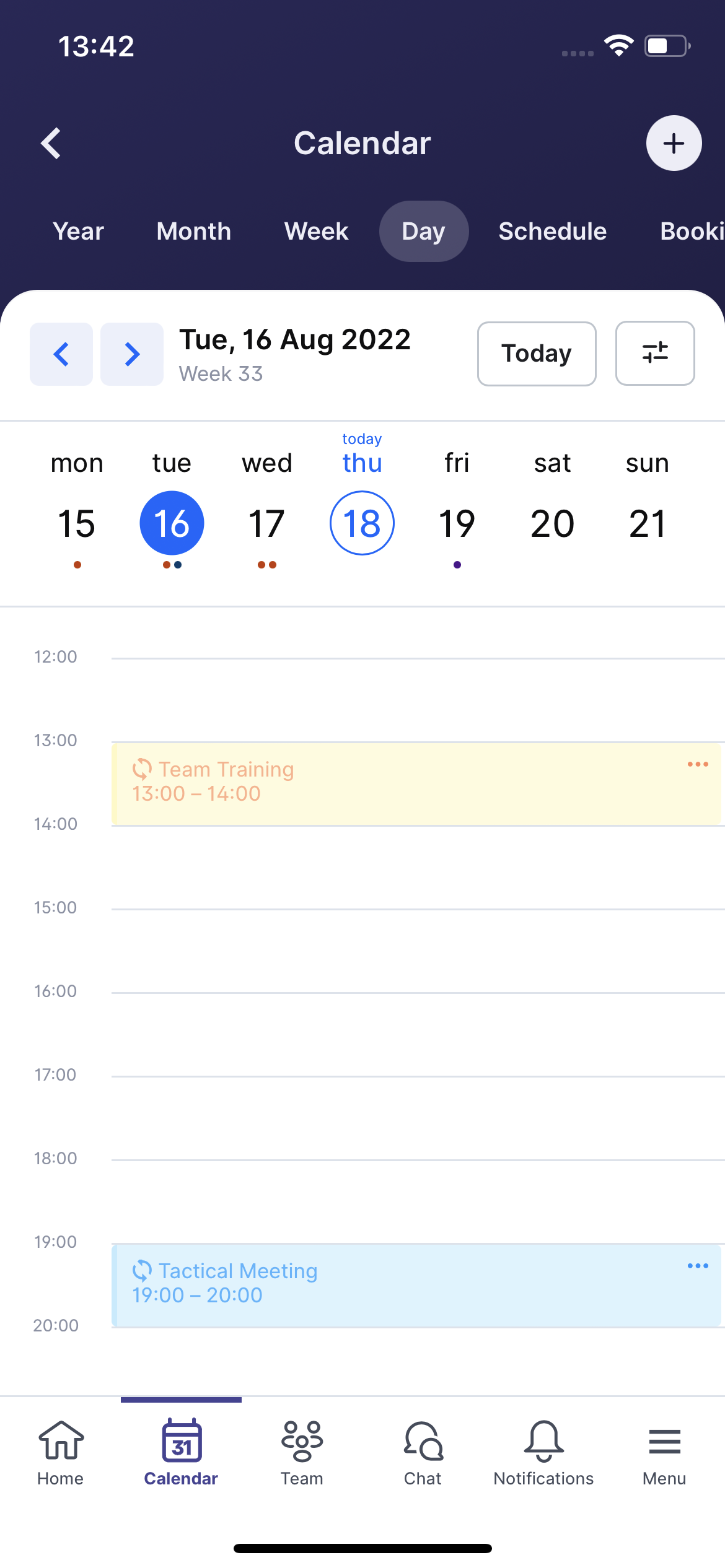 View from inside a team's calendar on a mobile device.
