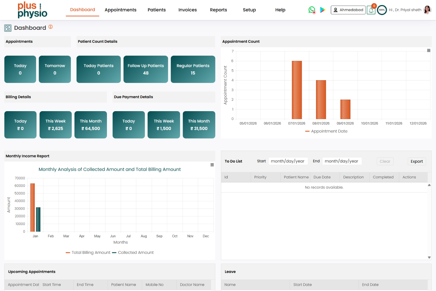 PlusPhysio screenshot: PlusPhysio Dashboard