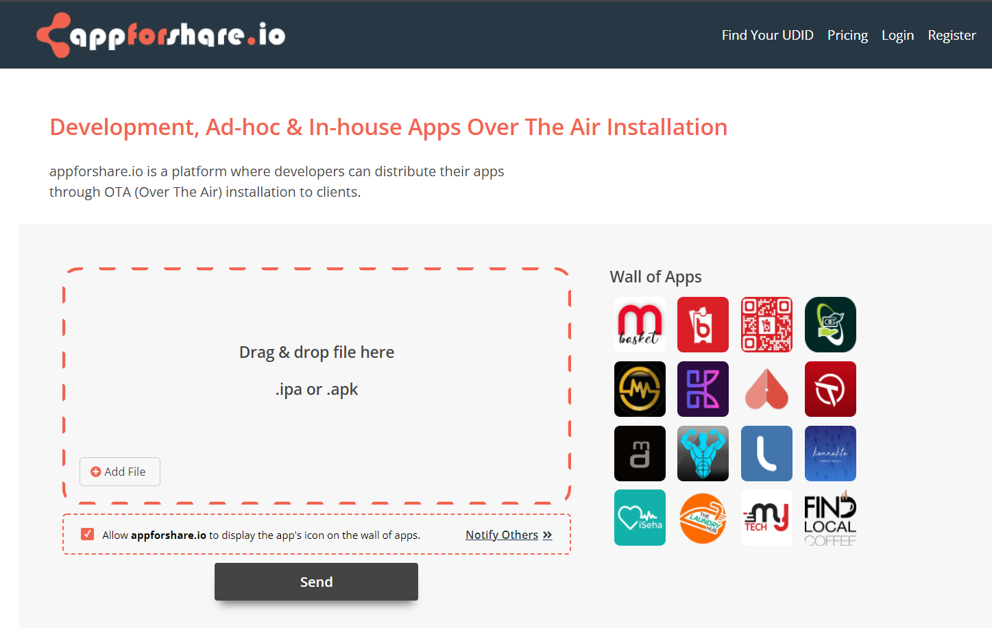 Appforshare.io screenshot: Upload your ipa or apk file.