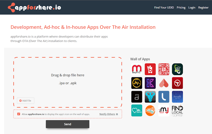 Appforshare.io screenshot: Upload your ipa or apk file.