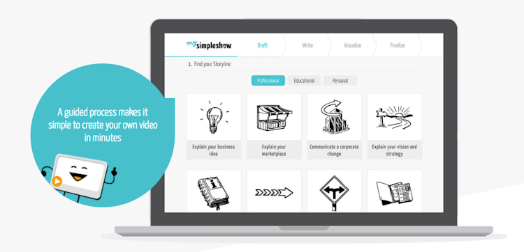 simpleshow video maker screenshot: A guided workflow allows users to create their own explainer videos