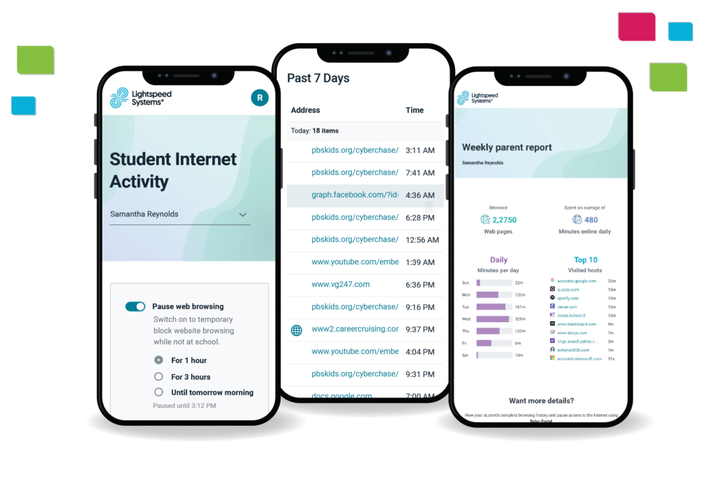The Lightspeed Parent Portal enhances guardian communication by allowing visibility into their child’s internet activity at home to keep them safe and focused.